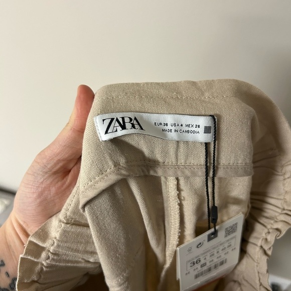 Zara Khaki Linen Paper Bag Pants - Picture 4 of 4